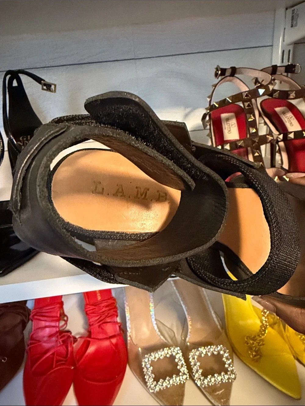 L.A.M.B. Black Leather Ankle-Strap Platform Wedges